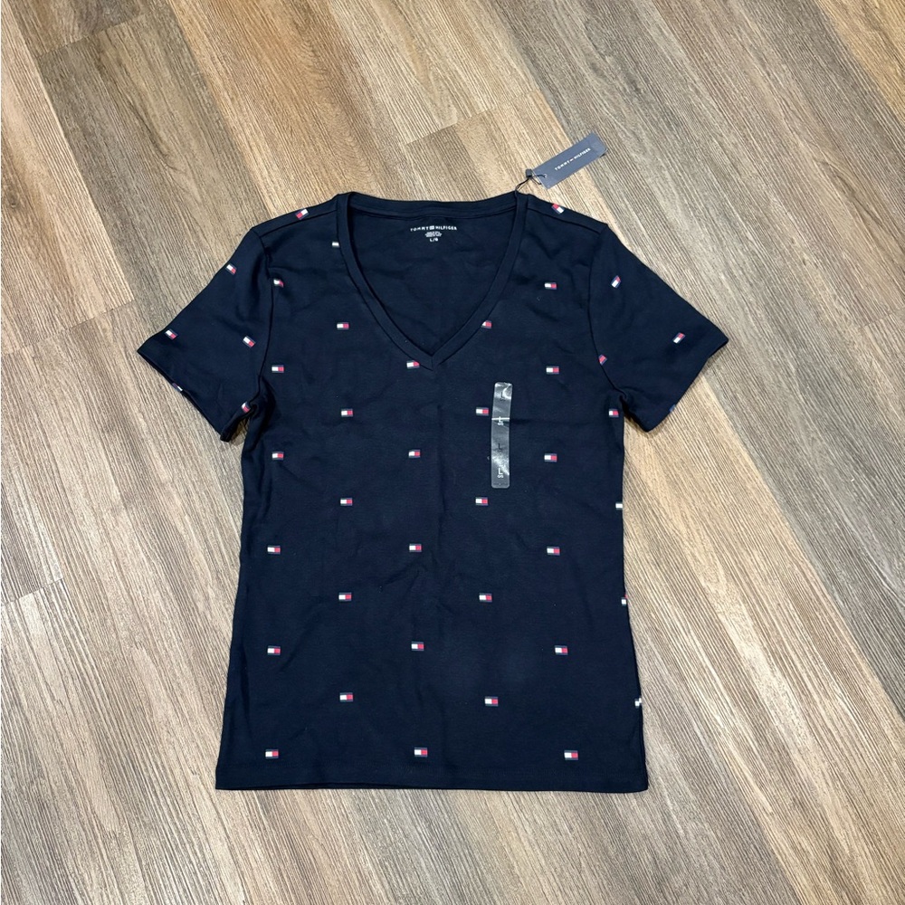 Tommy Hilfiger Women's Black V-Neck Tee with Logo Pattern